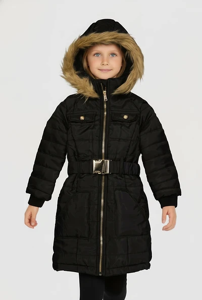 Little Girls Faux Fur Tim Belted Zip Front Long Puffer Jacket, Black, Size 5-6