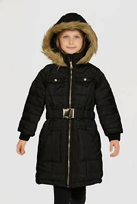 Little Girls Faux Fur Tim Belted Zip Front Long Puffer Jacket, Black, Size 5-6