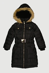 Little Girls Faux Fur Tim Belted Zip Front Long Puffer Jacket