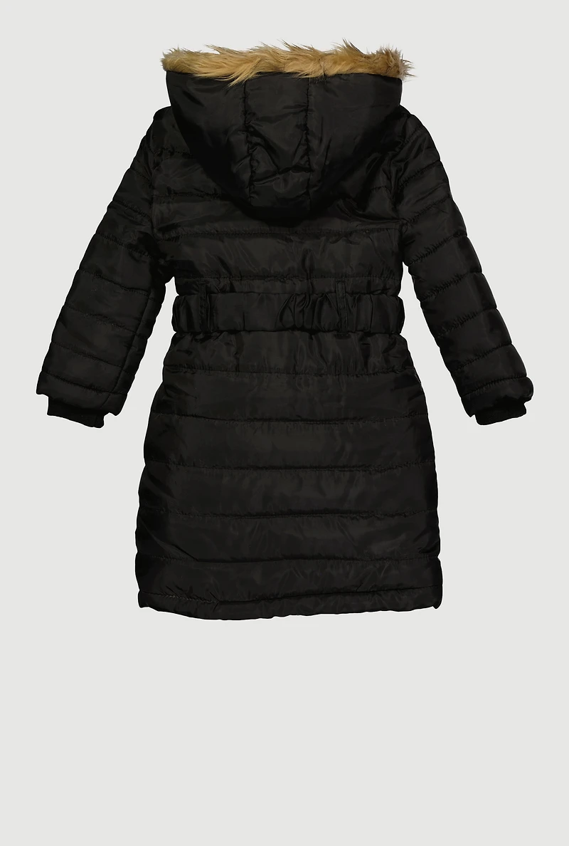 Little Girls Faux Fur Tim Belted Zip Front Long Puffer Jacket, Black, Size 5-6