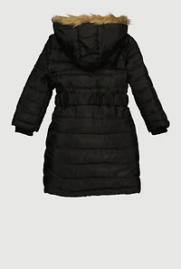 Little Girls Faux Fur Tim Belted Zip Front Long Puffer Jacket, Black, Size 5-6