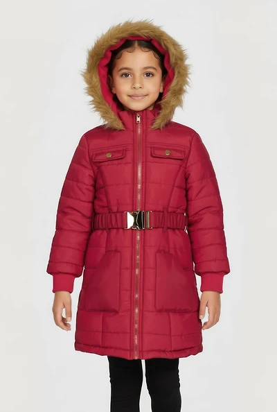 Little Girls Faux Fur Tim Belted Zip Front Long Puffer Jacket
