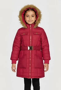 Little Girls Faux Fur Tim Belted Zip Front Long Puffer Jacket