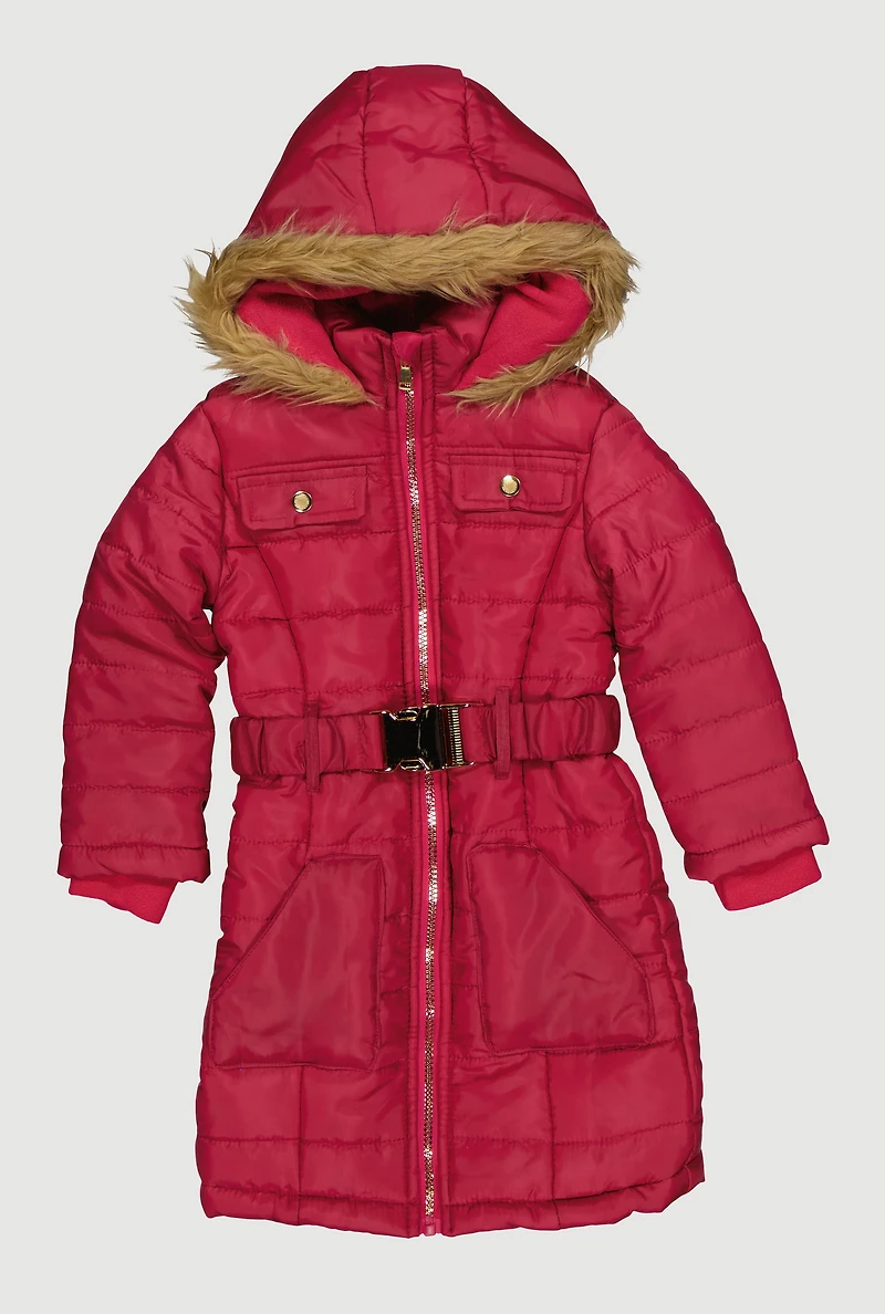 Little Girls Faux Fur Tim Belted Zip Front Long Puffer Jacket