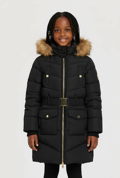 Little Girls Faux Fur Trim Hooded Puffer Jacket with Belt