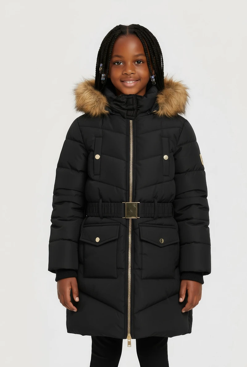 Little Girls Faux Fur Trim Hooded Puffer Jacket with Belt