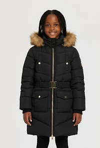 Little Girls Faux Fur Trim Hooded Puffer Jacket with Belt