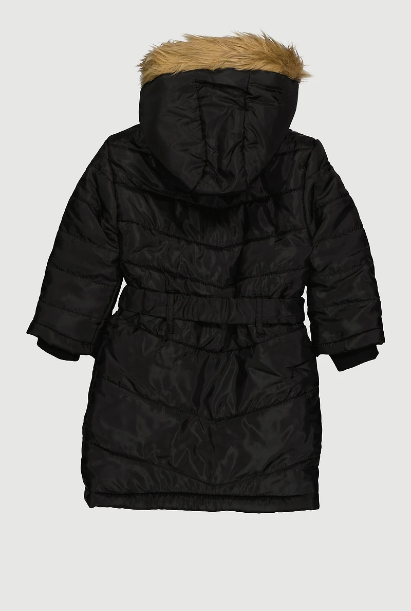 Little Girls Faux Fur Trim Hooded Puffer Jacket with Belt