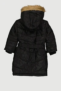 Little Girls Faux Fur Trim Hooded Puffer Jacket with Belt