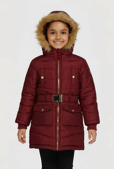 Little Girls Faux Fur Trim Hooded Puffer Jacket with Belt