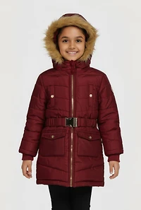 Little Girls Faux Fur Trim Hooded Puffer Jacket with Belt