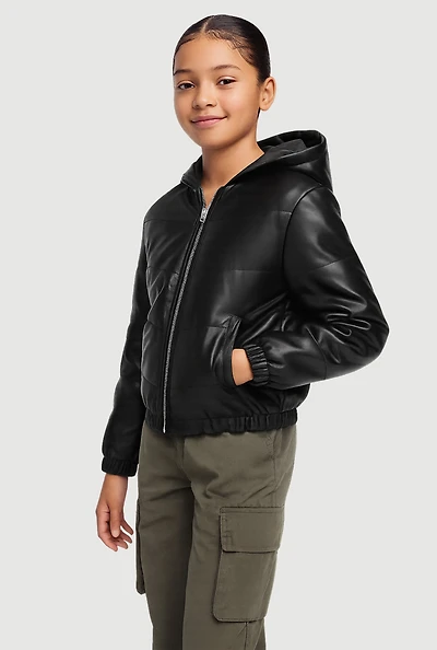 Girls Faux Leather Hooded Puffer Jacket