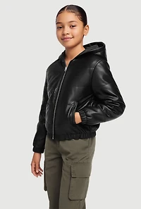 Girls Faux Leather Hooded Puffer Jacket