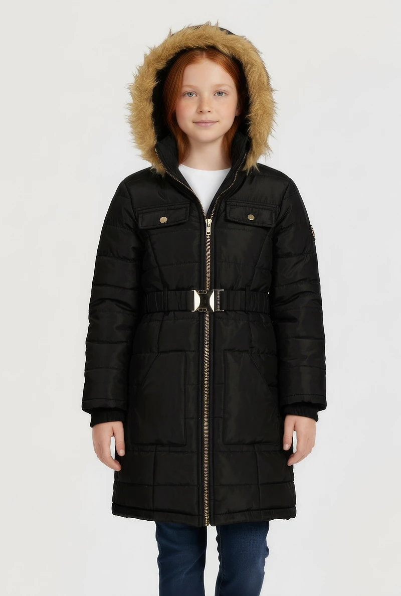 Girls Faux Fur Trim Hooded Long Puffer Jacket with Belt, Black,