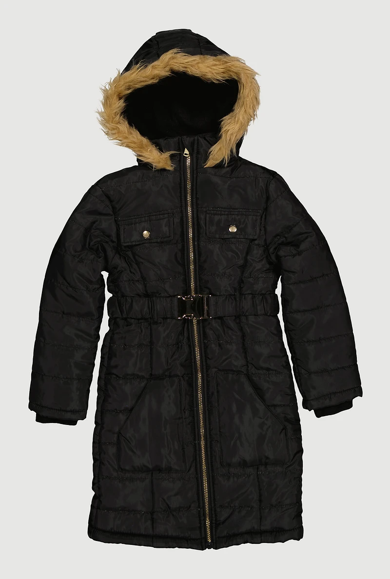 Girls Faux Fur Trim Hooded Long Puffer Jacket with Belt,