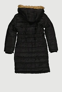 Girls Faux Fur Trim Hooded Long Puffer Jacket with Belt,