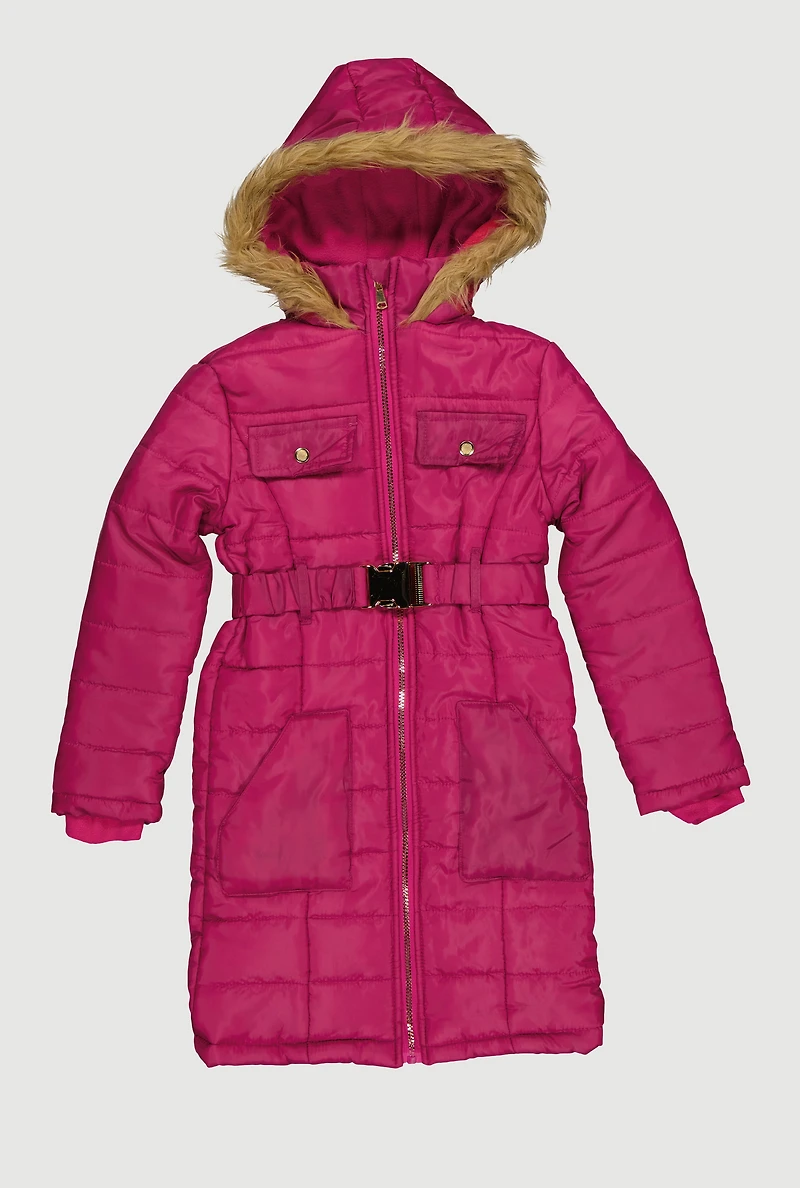 Girls Faux Fur Trim Hooded Long Puffer Jacket with Belt, Pink, Size 14-16