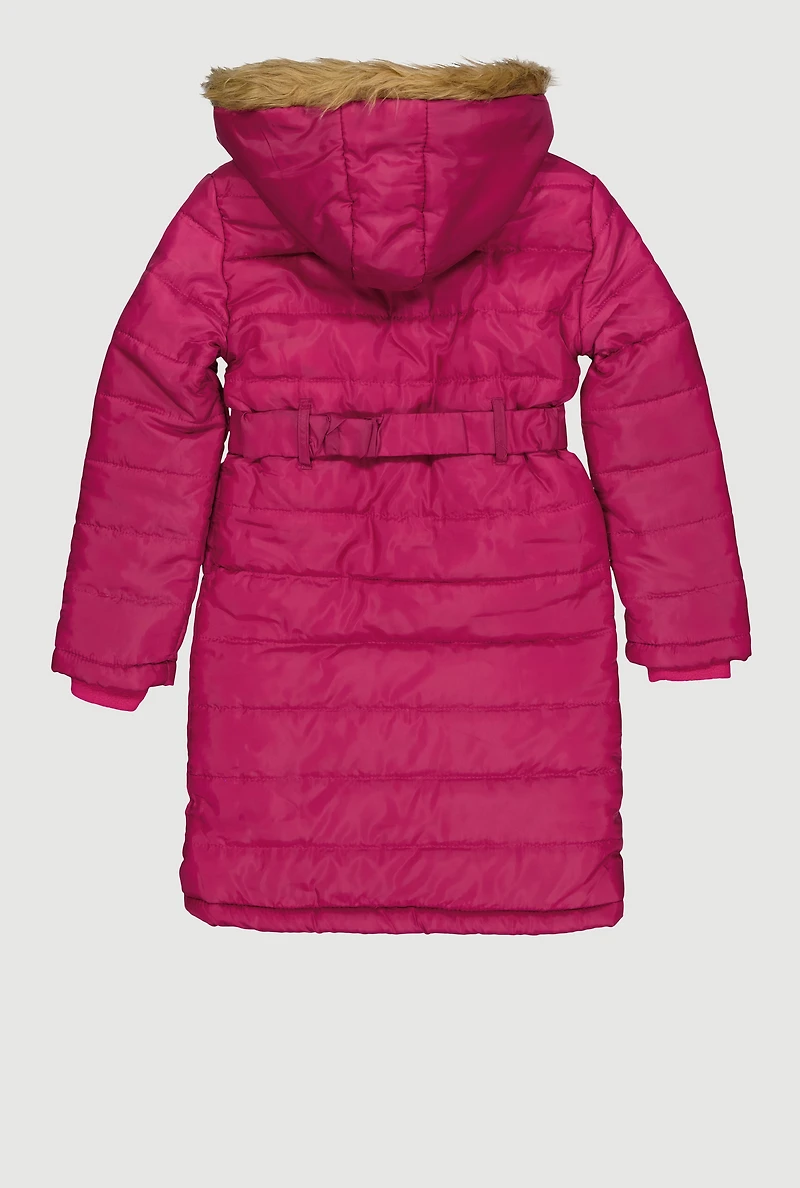 Girls Faux Fur Trim Hooded Long Puffer Jacket with Belt, Pink, Size 14-16