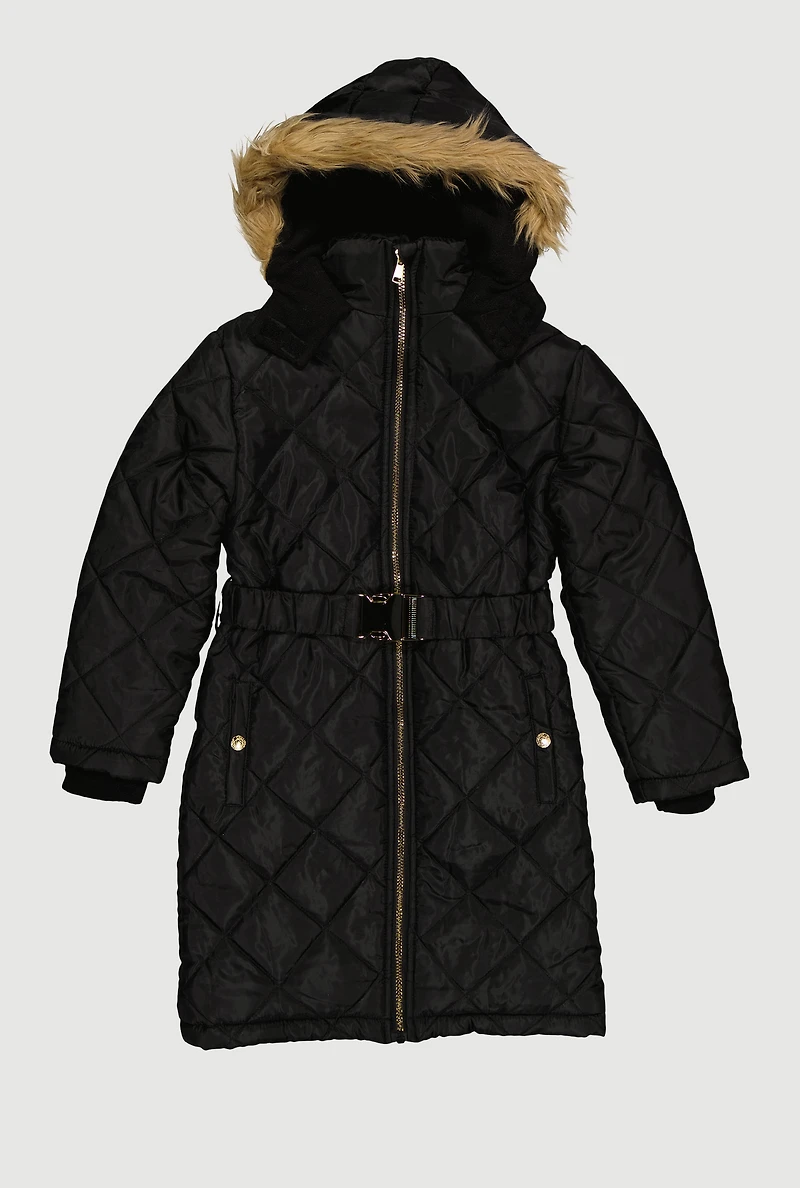 Girls Belted Faux Fur Trim Quilted Puffer Jacket, Black, Size 7-8