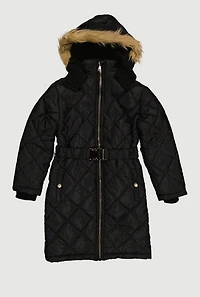 Girls Belted Faux Fur Trim Quilted Puffer Jacket, Black, Size 7-8