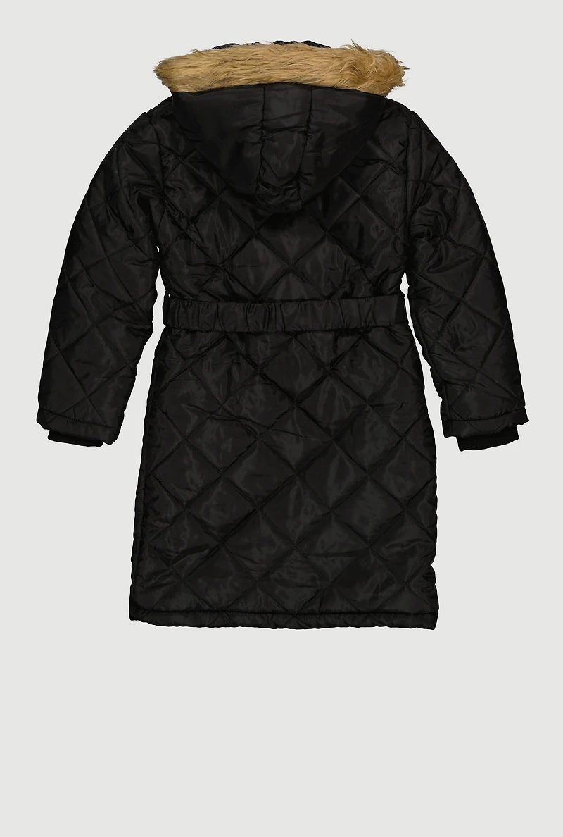 Girls Belted Faux Fur Trim Quilted Puffer Jacket, Black, Size 7-8
