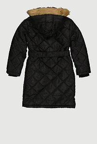 Girls Belted Faux Fur Trim Quilted Puffer Jacket, Black, Size 7-8