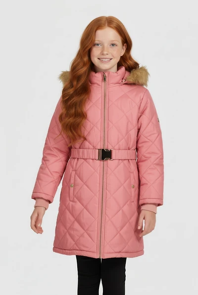 Girls Belted Faux Fur Trim Quilted Puffer Jacket, Pink, Size 10-12