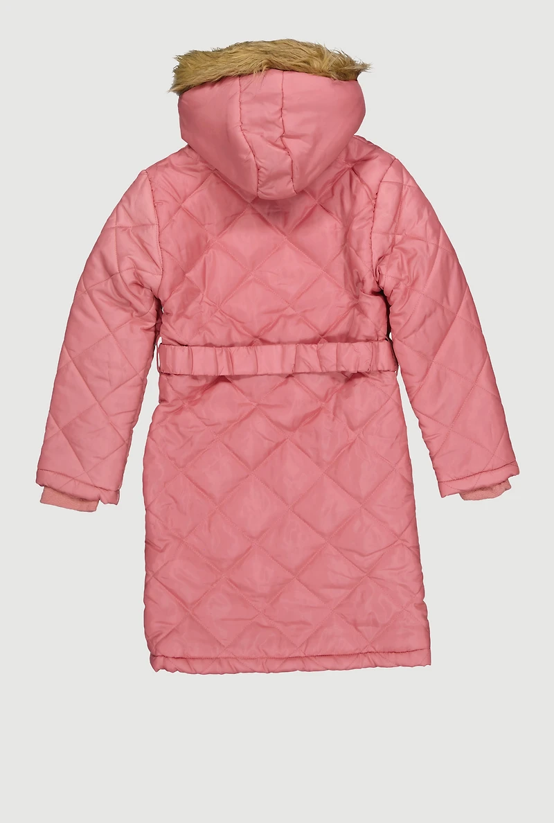 Girls Belted Faux Fur Trim Quilted Puffer Jacket, Pink, Size 10-12