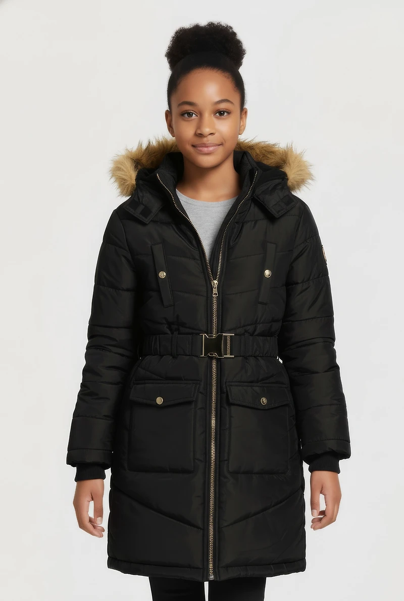 Girls Faux Fur Trim Hooded Cargo Pocket Puffer Jacket with Belt, Black, Size 7-8