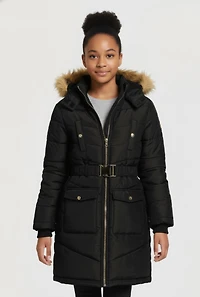 Girls Faux Fur Trim Hooded Cargo Pocket Puffer Jacket with Belt, Black, Size 7-8