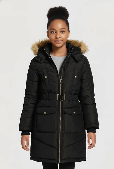 Girls Faux Fur Trim Hooded Cargo Pocket Puffer Jacket with Belt