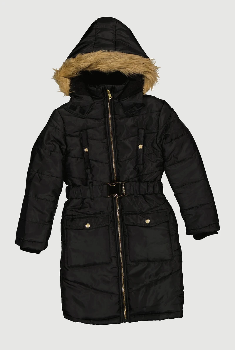 Girls Faux Fur Trim Hooded Cargo Pocket Puffer Jacket with Belt, Black, Size 7-8