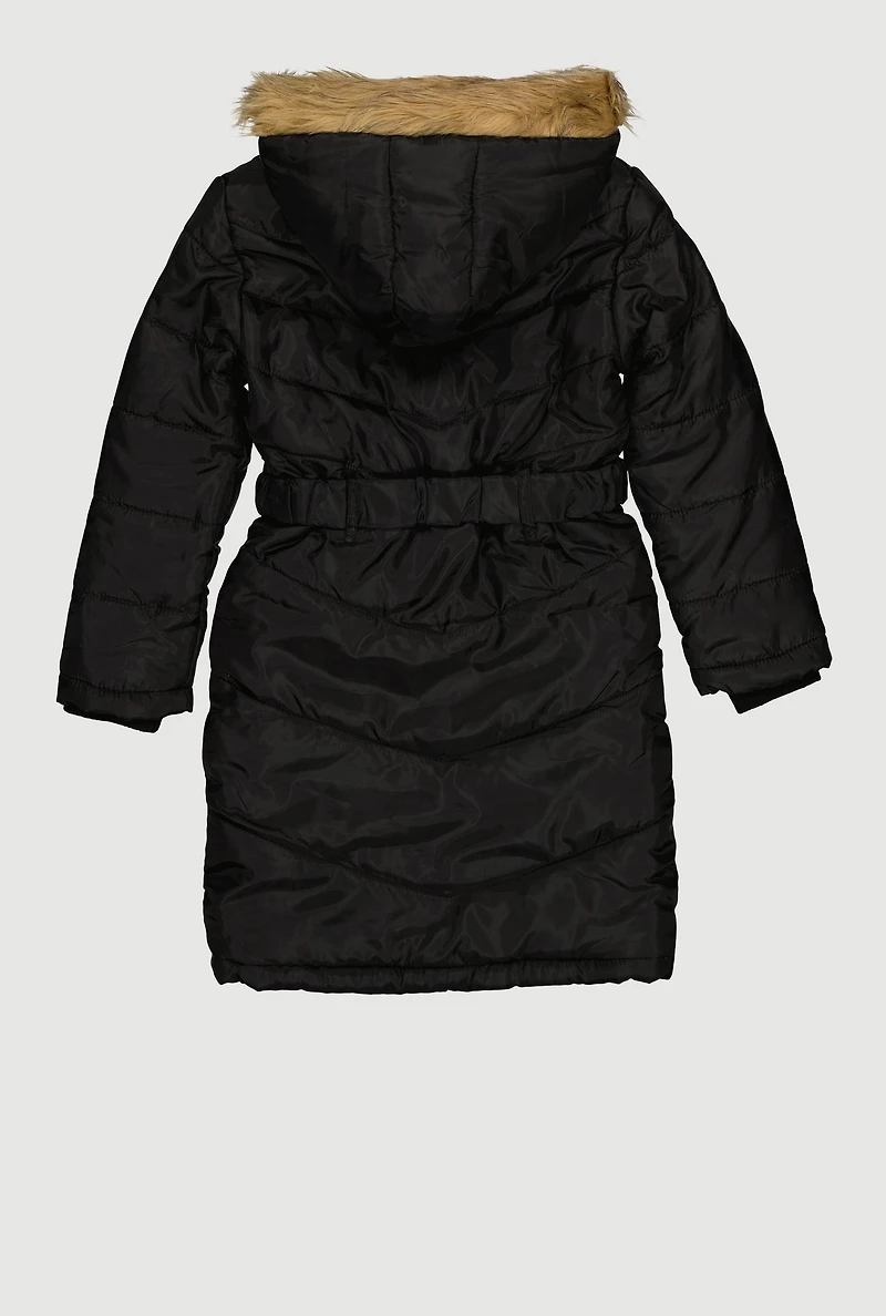 Girls Faux Fur Trim Hooded Cargo Pocket Puffer Jacket with Belt, Black, Size 7-8