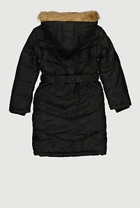 Girls Faux Fur Trim Hooded Cargo Pocket Puffer Jacket with Belt, Black, Size 7-8