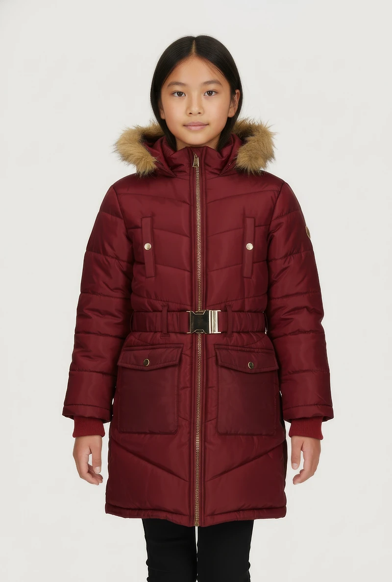 Girls Faux Fur Trim Hooded Cargo Pocket Puffer Jacket with Belt