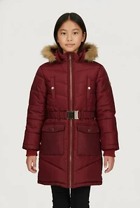 Girls Faux Fur Trim Hooded Cargo Pocket Puffer Jacket with Belt