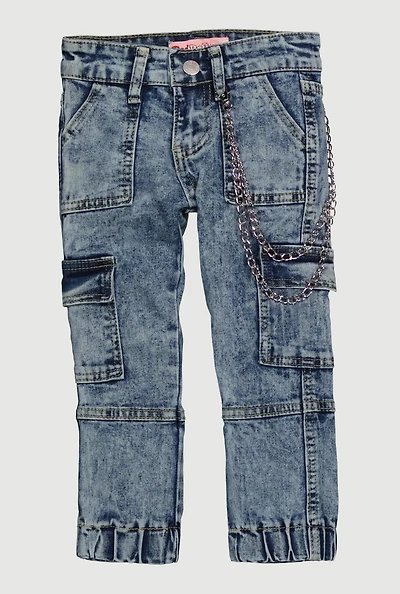 Little Girls Acid Wash Cargo Joggers with Removable Chain, Blue, Size 4