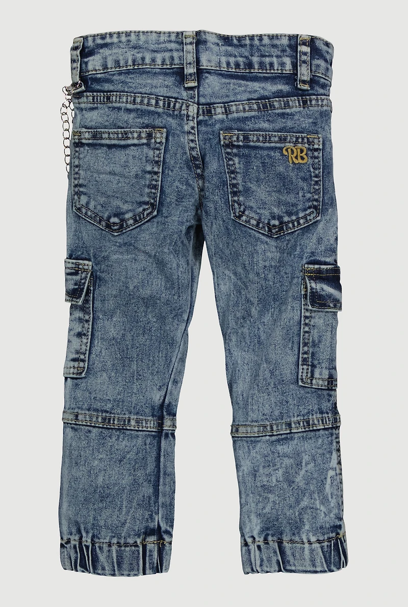 Little Girls Acid Wash Cargo Joggers with Removable Chain, Blue, Size 4