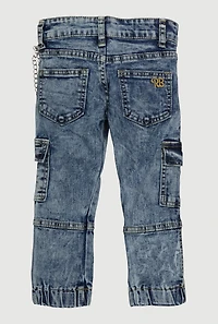 Little Girls Acid Wash Cargo Joggers with Removable Chain, Blue, Size 4