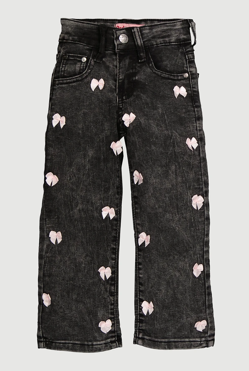 Little Girls Acid Wash Bow Detail Jeans, Black,