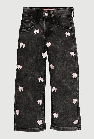 Little Girls Acid Wash Bow Detail Jeans, Black,