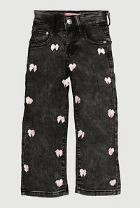 Little Girls Acid Wash Bow Detail Jeans, Black,