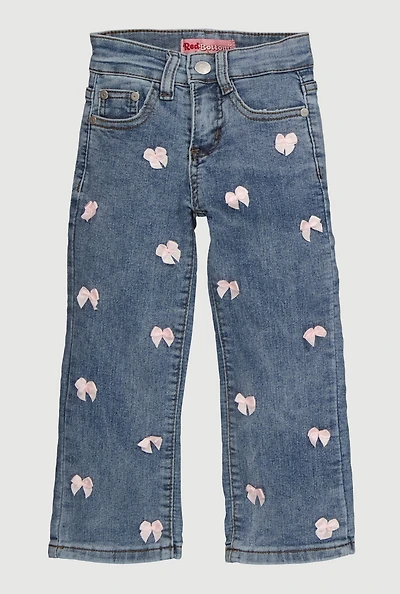 Little Girls Bow Detail Acid Wash Jeans, Blue, Size 4