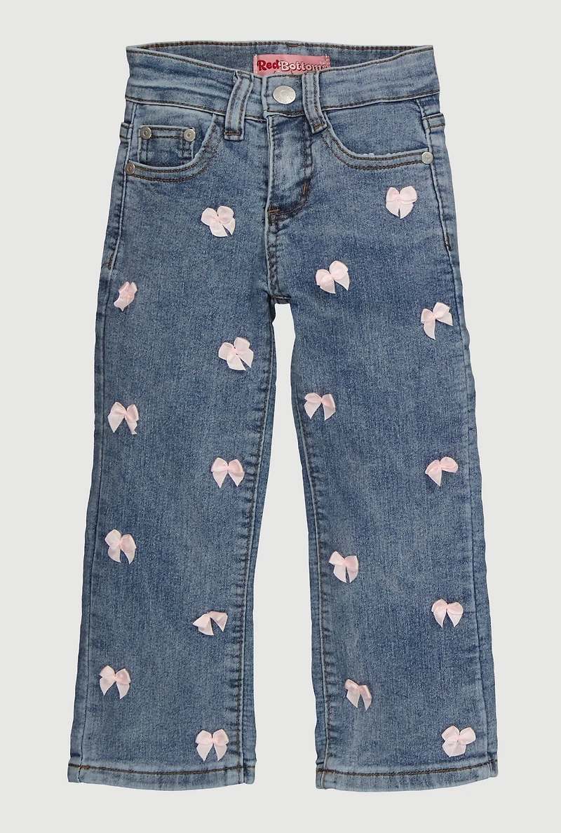 Little Girls Bow Detail Acid Wash Jeans, Blue, Size 5