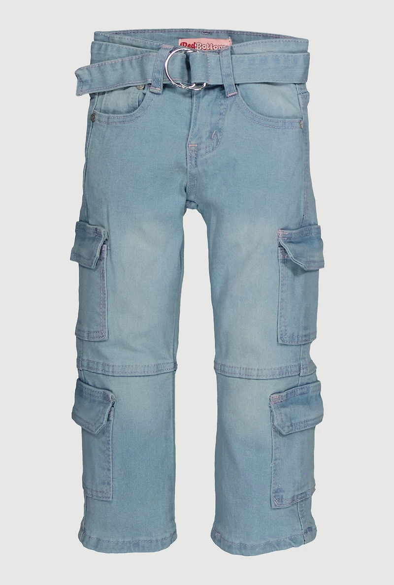 Little Girls Straight Leg Cargo Jeans with Belt, Blue, Size 4