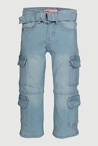 Little Girls Straight Leg Cargo Jeans with Belt, Blue, Size 5