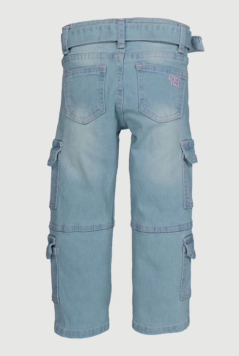 Little Girls Straight Leg Cargo Jeans with Belt, Blue, Size 4