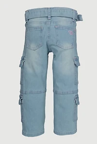 Little Girls Straight Leg Cargo Jeans with Belt, Blue, Size 4