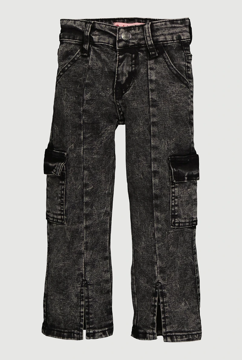 Little Girls Acid Wash Straight Leg Cargo Jeans, Grey, Size 5