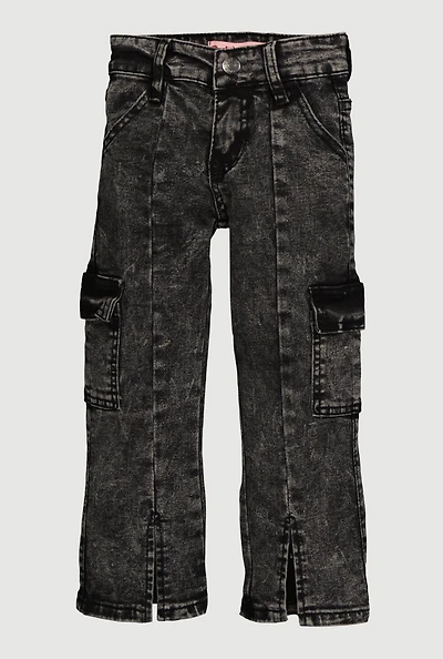 Little Girls Acid Wash Straight Leg Cargo Jeans, Grey, Size 5